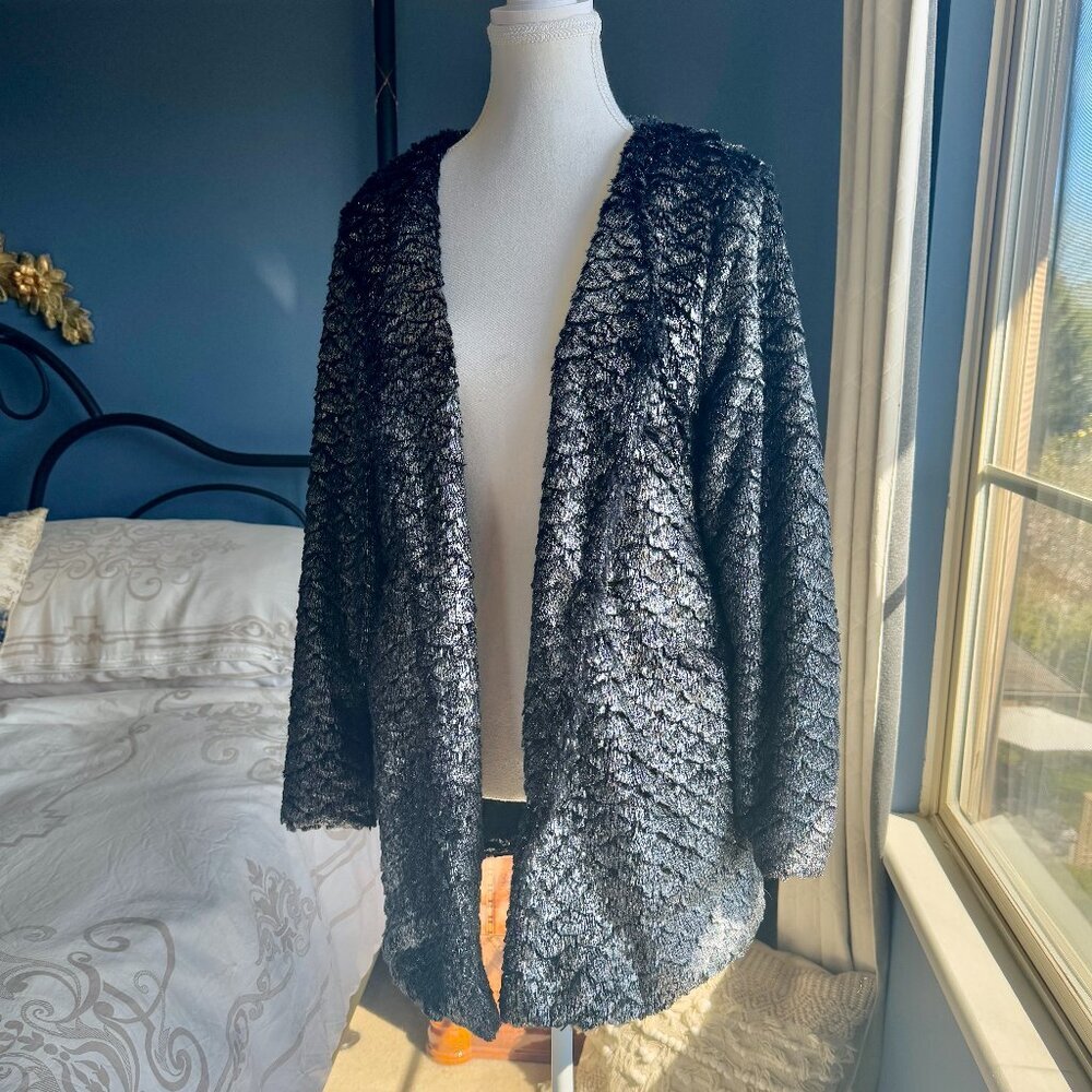 Stunning Minkpink Silver and Black Shimmery Mermaid Scales Fuzzy Jacket